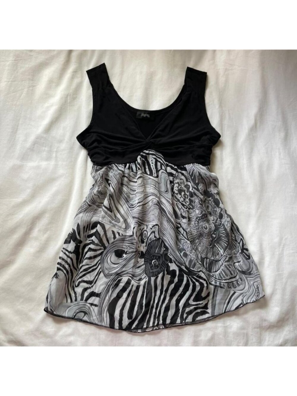 Y2K black and white sleeveless semi sheer tie back top